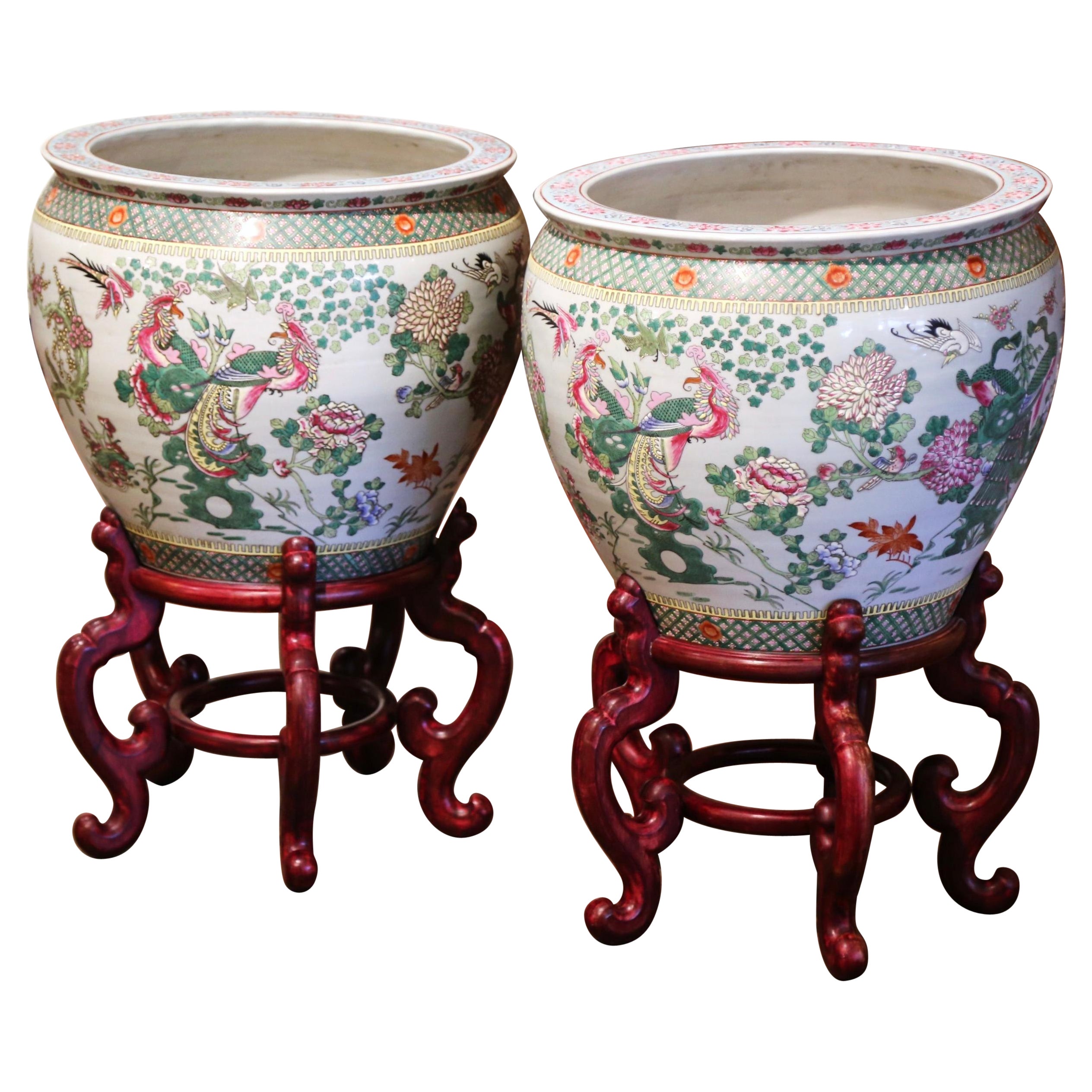Pair of Mid-Century Chinese Painted Porcelain Fish Bowls on Carved Walnut Stands