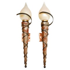 Pair of Art Deco Steel, Copper and Glass Wall Sconce Lamps