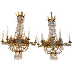 Pair of 18th Century French Empire Gilt Iron and Crystal Basket Chandeliers