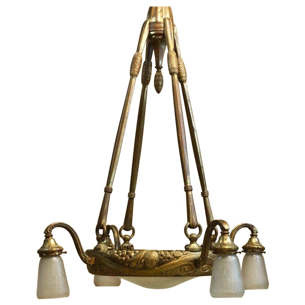  Maurice Dufrene Gilt Bronze and Daum Glass Ceiling Fixture For Sale