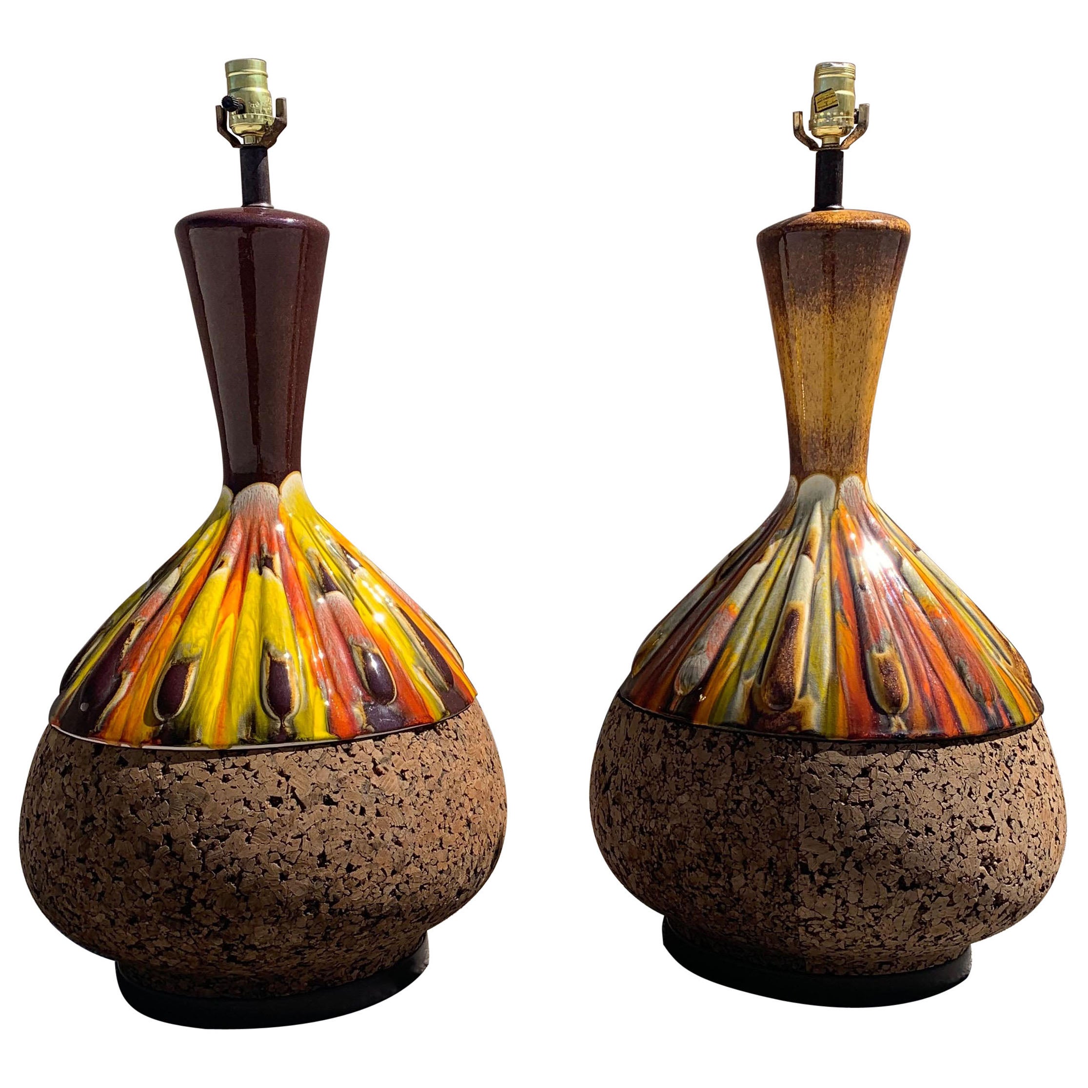 1960s Mid-Century Modern Cork and Ceramic Lamps, a Pair