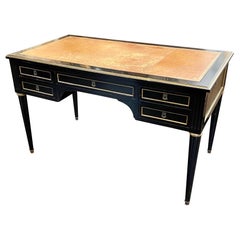 French Louis XVI Style Black Lacquered Writing Desk with Leather Top