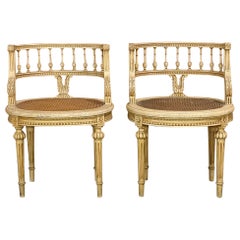 Pair Antique French Louis XVI Painted Vanity Chairs with Cane