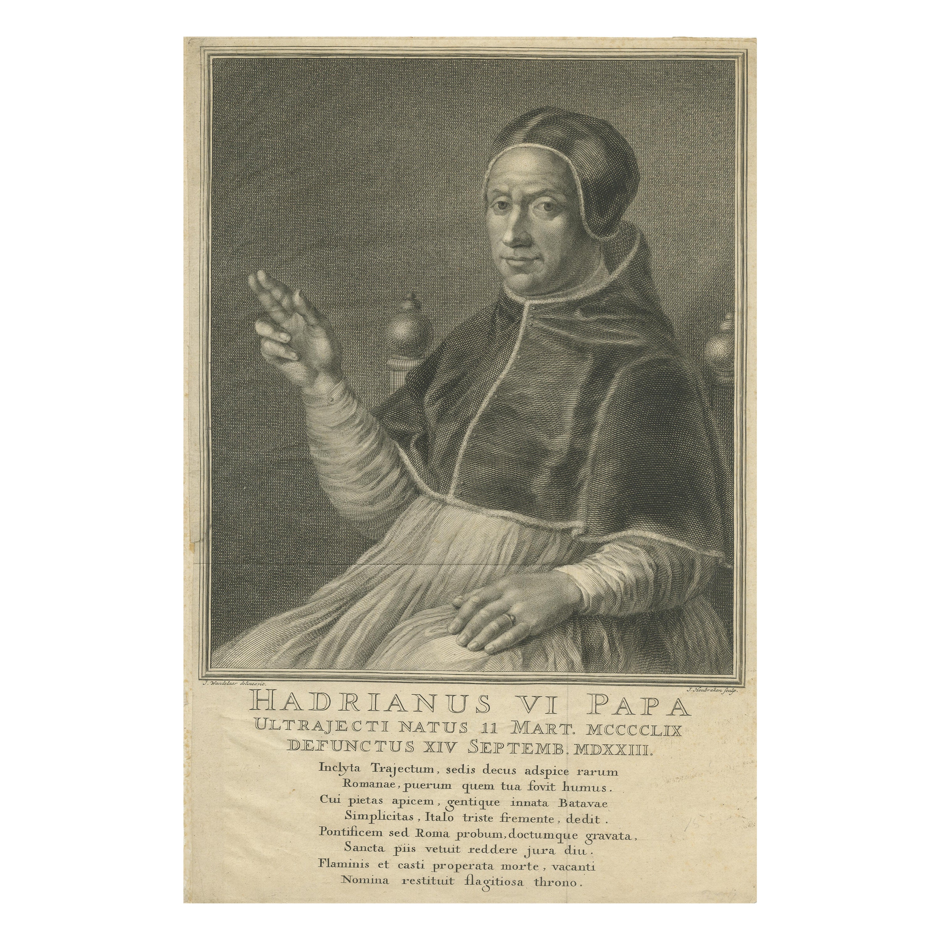 Antique Print of Pope Adrian VI by Houbraken '1727' For Sale