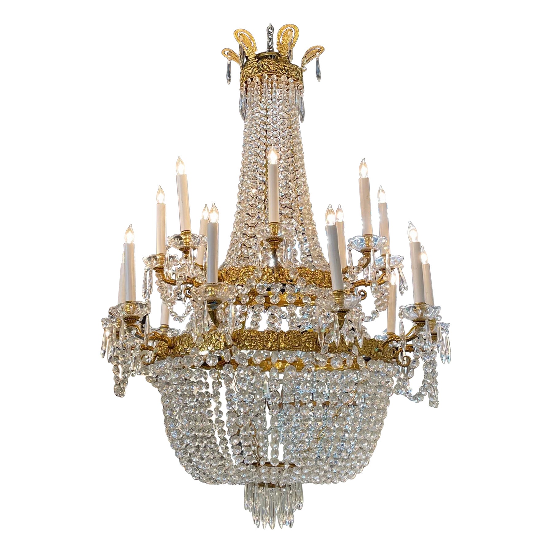 French Empire Style Gilt Bronze and Crystal Chandelier with 18 Lights