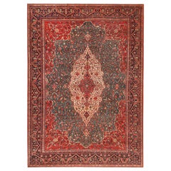 Magnifique tapis persan ancien Sarouk Farahan à fond vert 9' x 12'5"