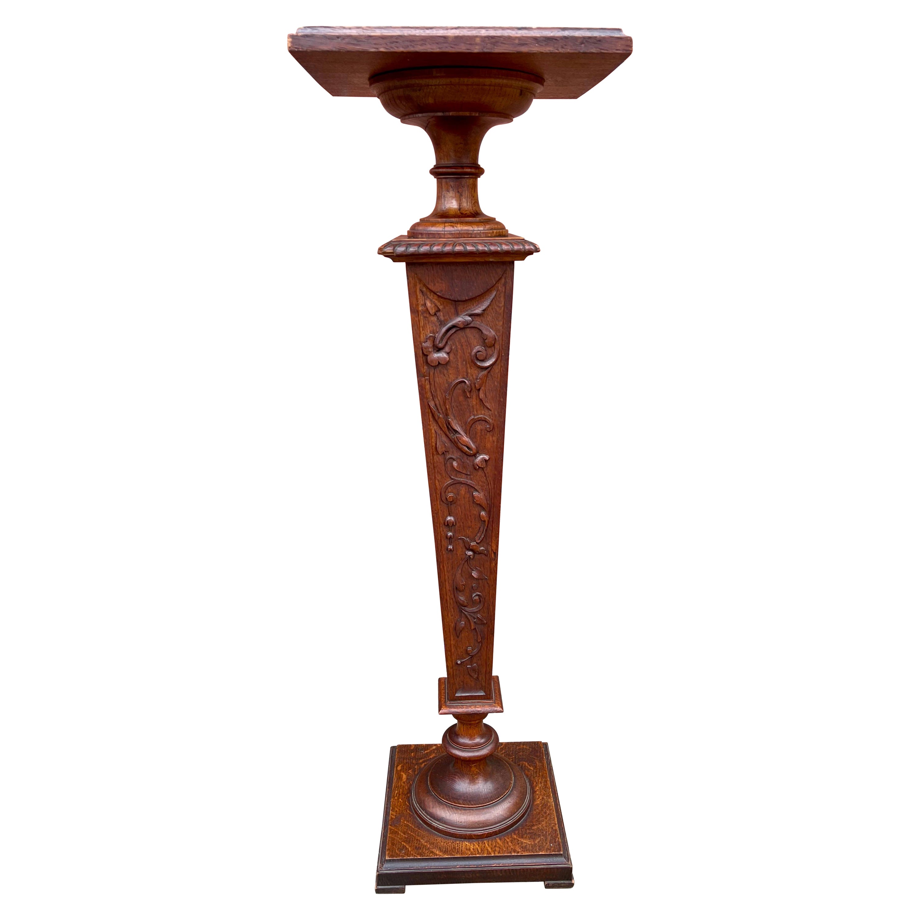Antique Early 1900s Hand Carved Oak Pedestal Display Stand, Floral Sculptered For Sale