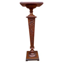 Antique Early 1900s Hand Carved Oak Pedestal Display Stand, Floral Sculptered