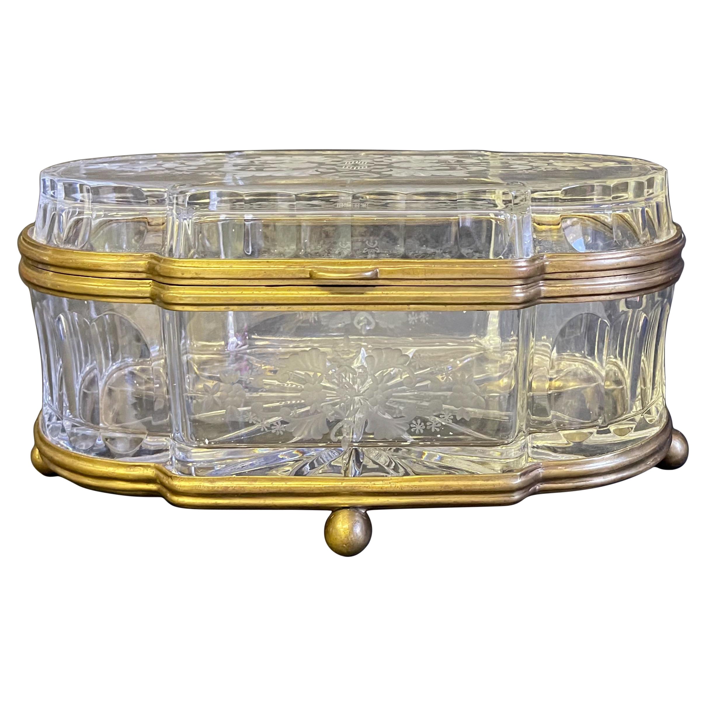 French Large Etched Cut Glass and Brass Lozenge Shape Box or Casket