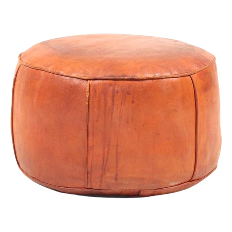 Midcentury Pouf in Patinated Leather, Made in Denmark, 1960s
