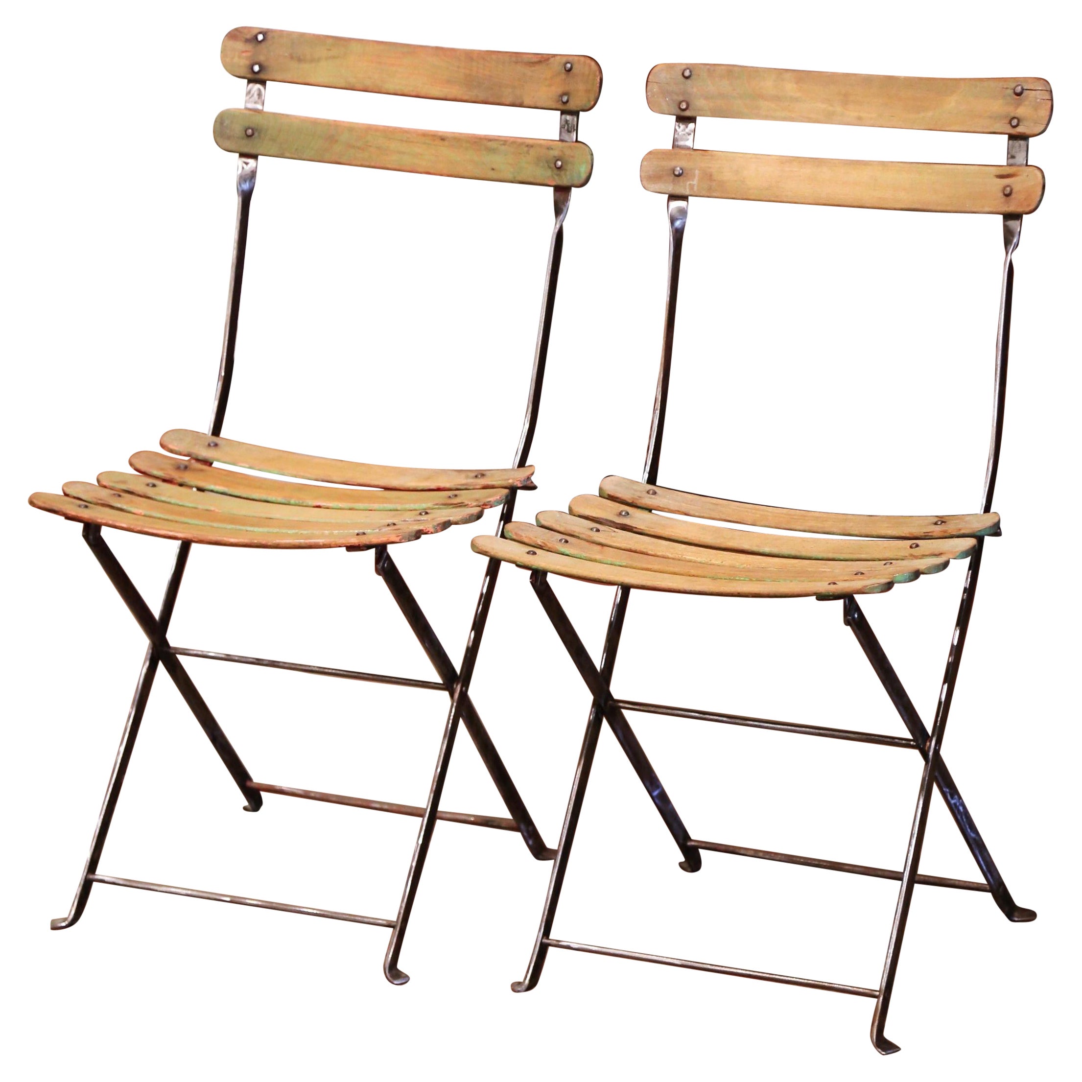 Pair of Early 20th Century French Polished Iron and Wood Folding Garden Chairs