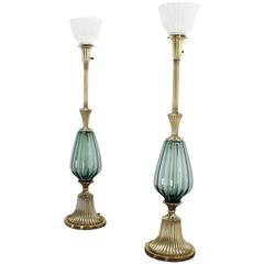 Pair of Brass and Murano Glass Style Modern Table Lamps Fluted Metal Bases.