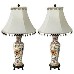 Oriental Multi-color Floral Design Hand painted Porcelain Table Lamp, a Pair