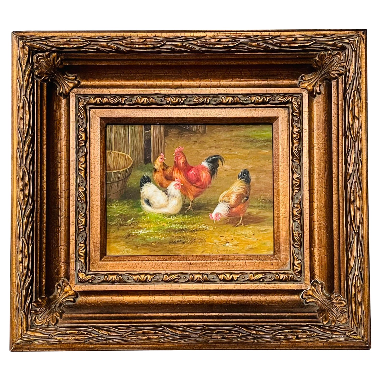 Vintage Oil Painting of Hens and Rooster in the Manner of Claude de Guilleminet