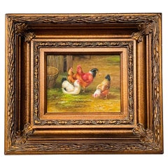 Vintage Oil Painting of Hens and Rooster in the Manner of Claude de Guilleminet