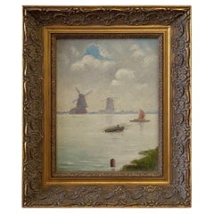 Vintage Oil Painting of Holland Mill in Gilt Wood Frame