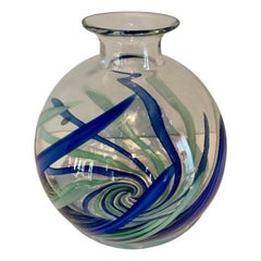 Murano Art Glass Vase with Blue and Green Strokes