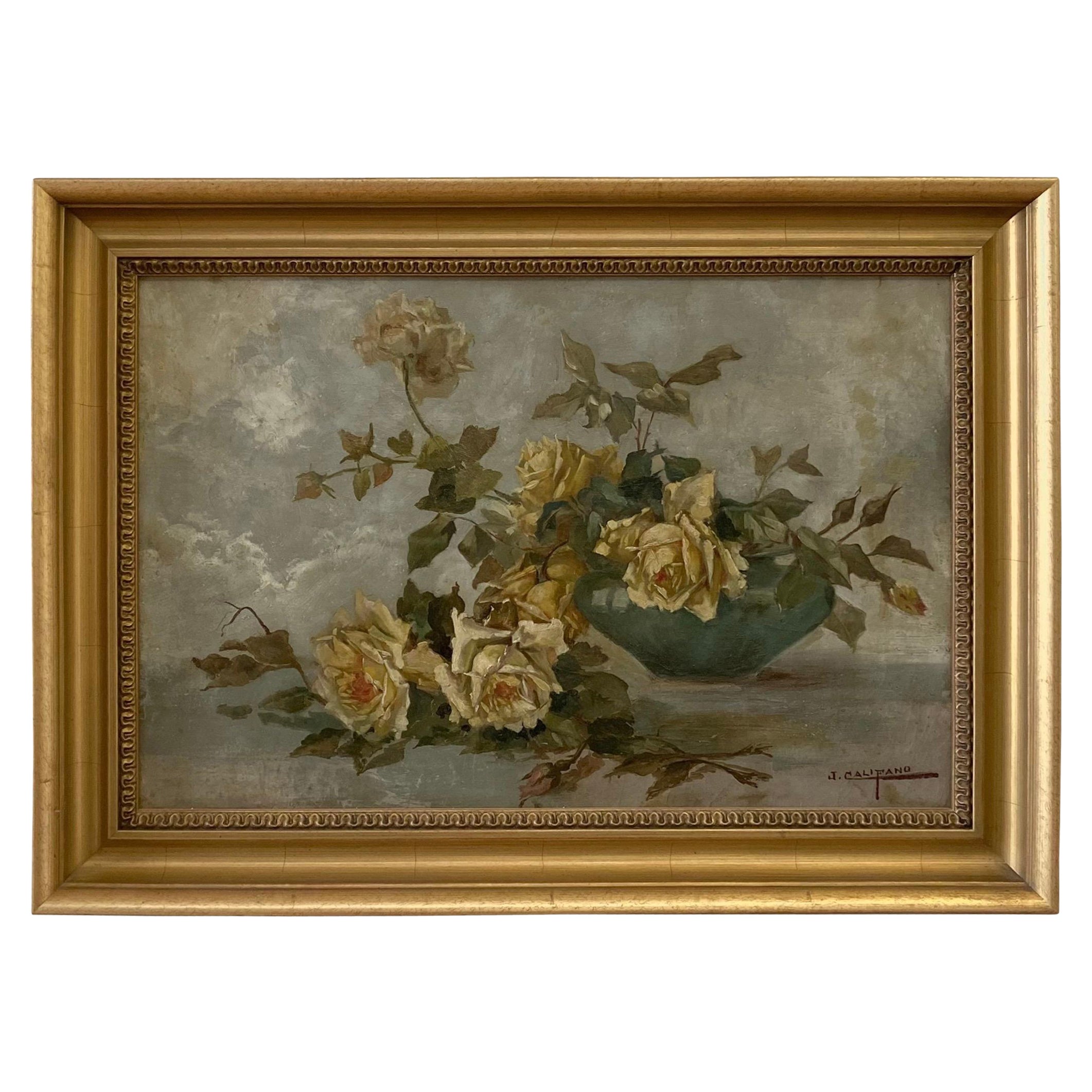 John Califano Signed Oil Painting of Roses in a Bowl