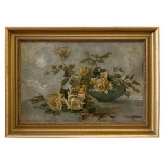 Peinture à l'huile signée John Califano représentant des roses dans un bol