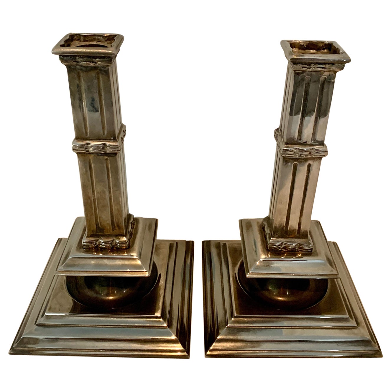 Pair of Silver Plate Art Deco Column Candlesticks For Sale