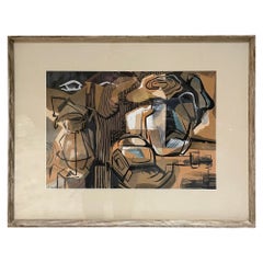Complicated Abstract Print Still Life Art Warm Beige & Black Cerused Oak Frame