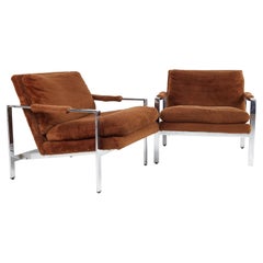 Thayer Coggin Mid Century Flatbar Chrome Lounge Chairs, Pair