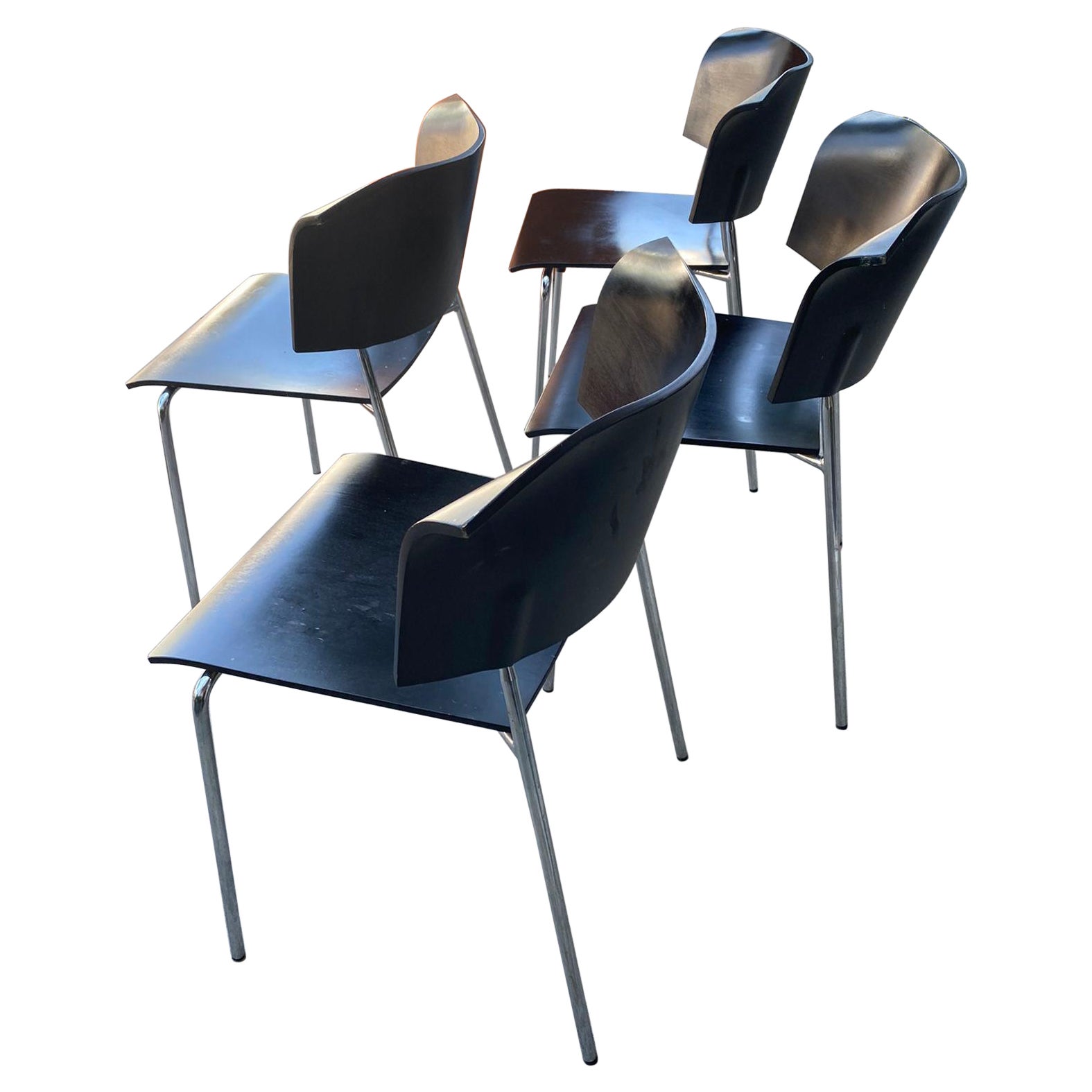 Post Modern 4 Swedish Stacking Chairs Black Wood with Chrome Steel Frame
Tons of flair, space saving compact.
Maker stamp designer ICF group, made in Sweden.
Lammhults Campus design by Johannes Foersom and Peter Hiort Lorenzen 1992
30T x 16W x 18D