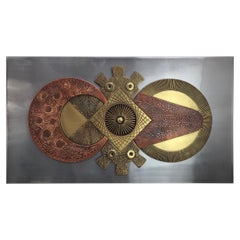 Vintage Large Brutalist Mixed Metal Wall Sculpture Brass and Copper Stephen Chun, 1970s