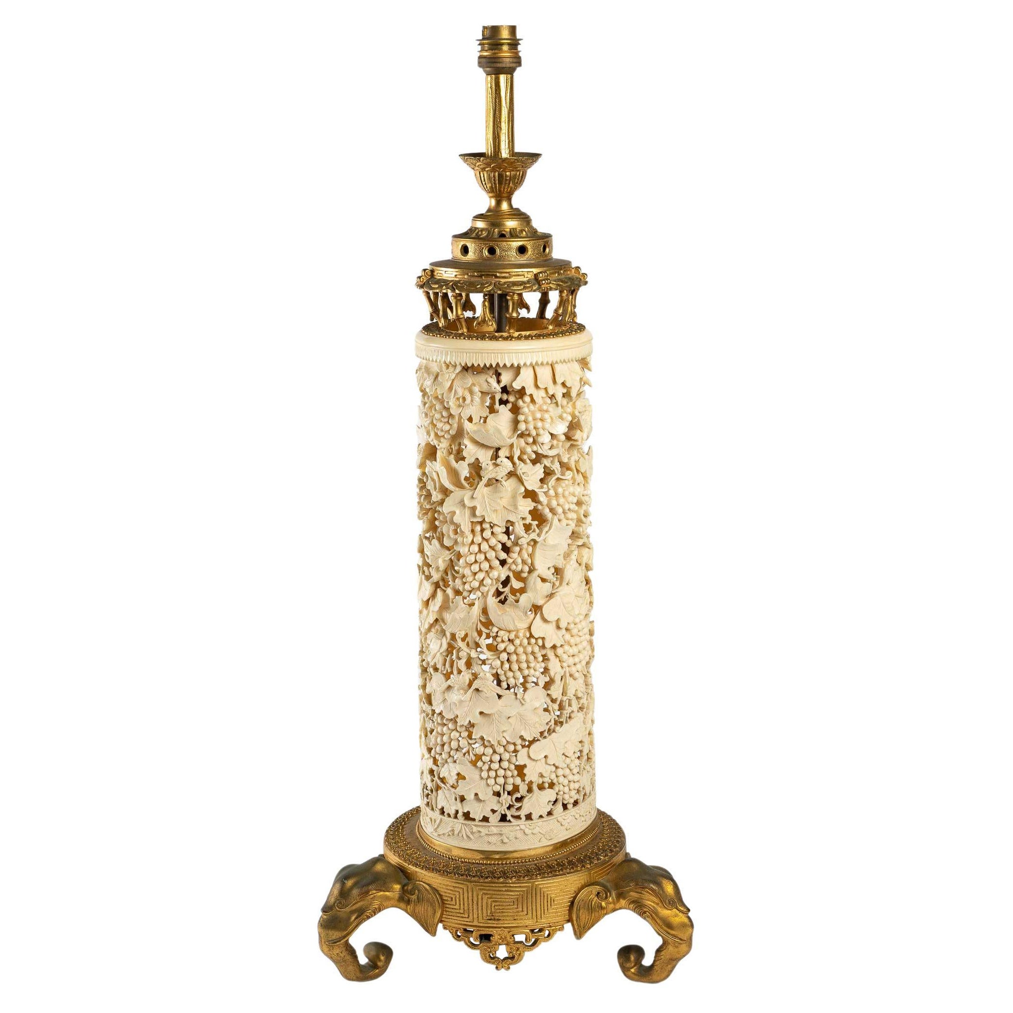 Important Gilt Bronze and Carved Ivory Lamp