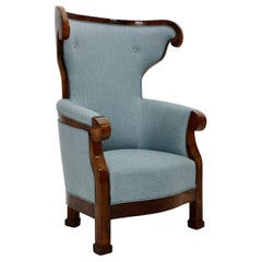 Biedermeier Walnut Blue Fabric Vintage Wingback Chair Armchair Vienna circa 1925