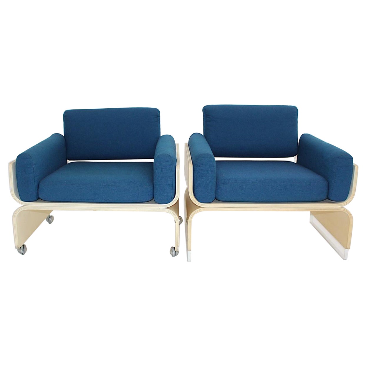 Space Age Vintage White Blue Lounge Chairs, 1960s For Sale