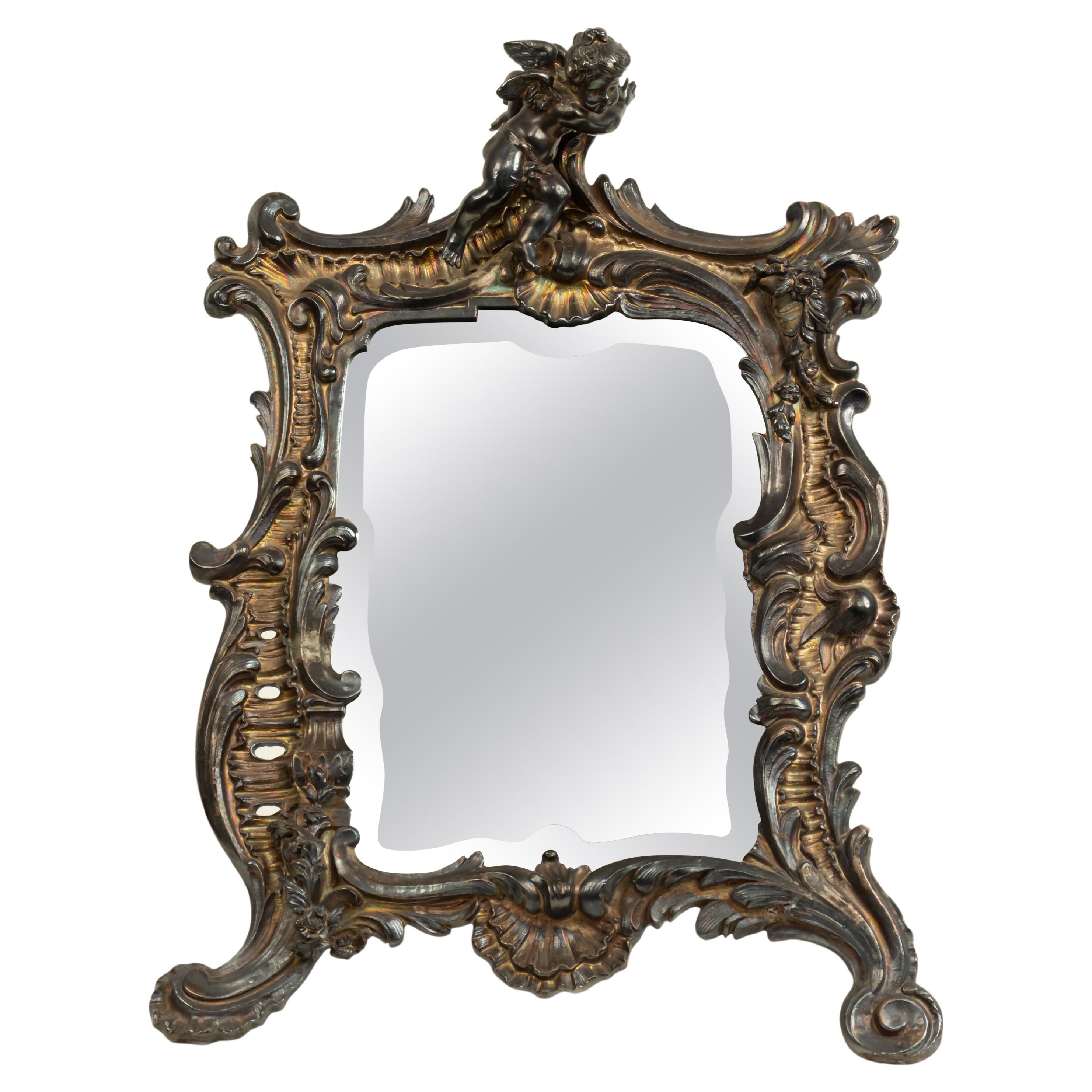 Table de coiffeuse / Miroir de coiffeuse français de style Louis XV en métal argenté