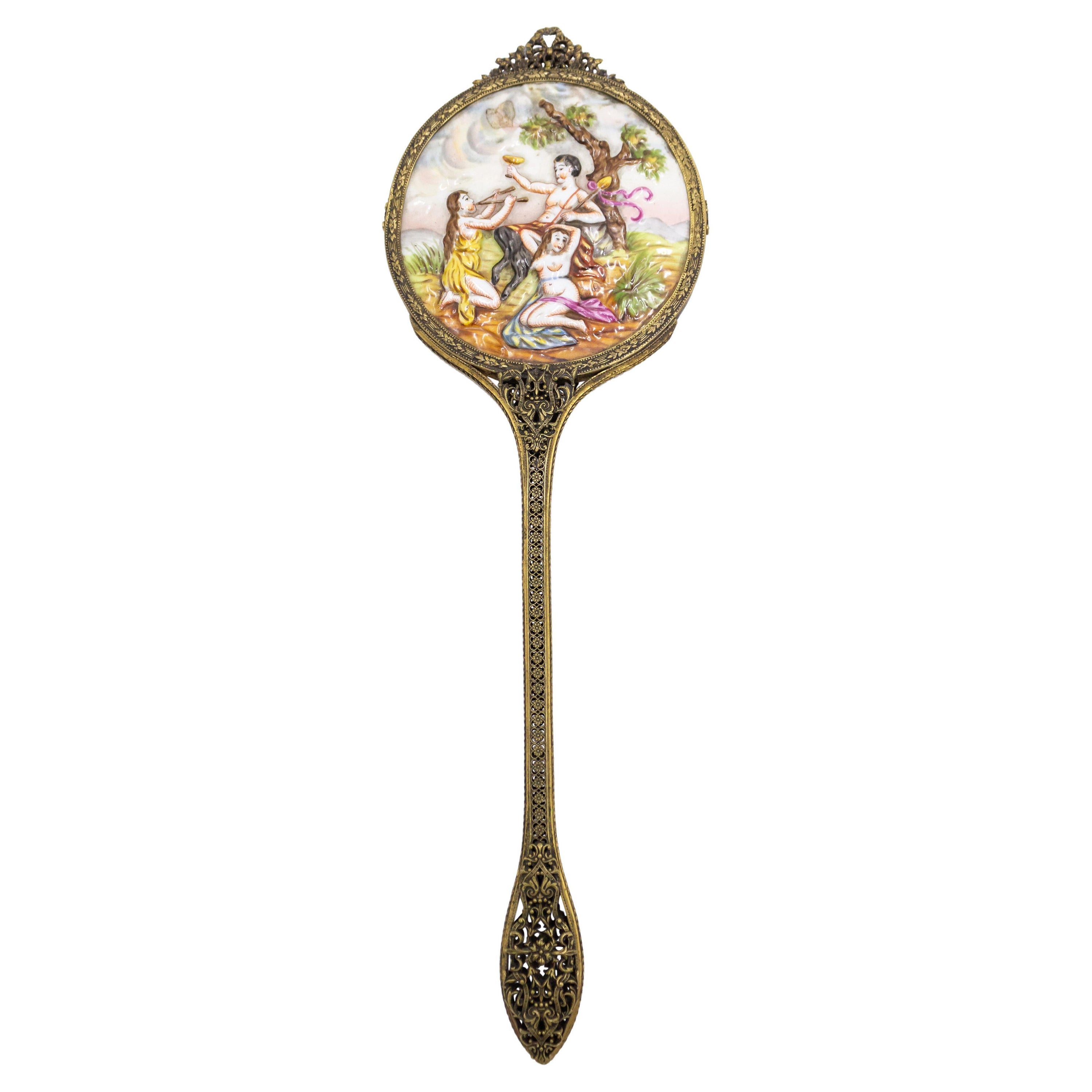 Italian Brass and Porcelain Hand Mirror of a Bacchanalia Scene by Capodimonte For Sale