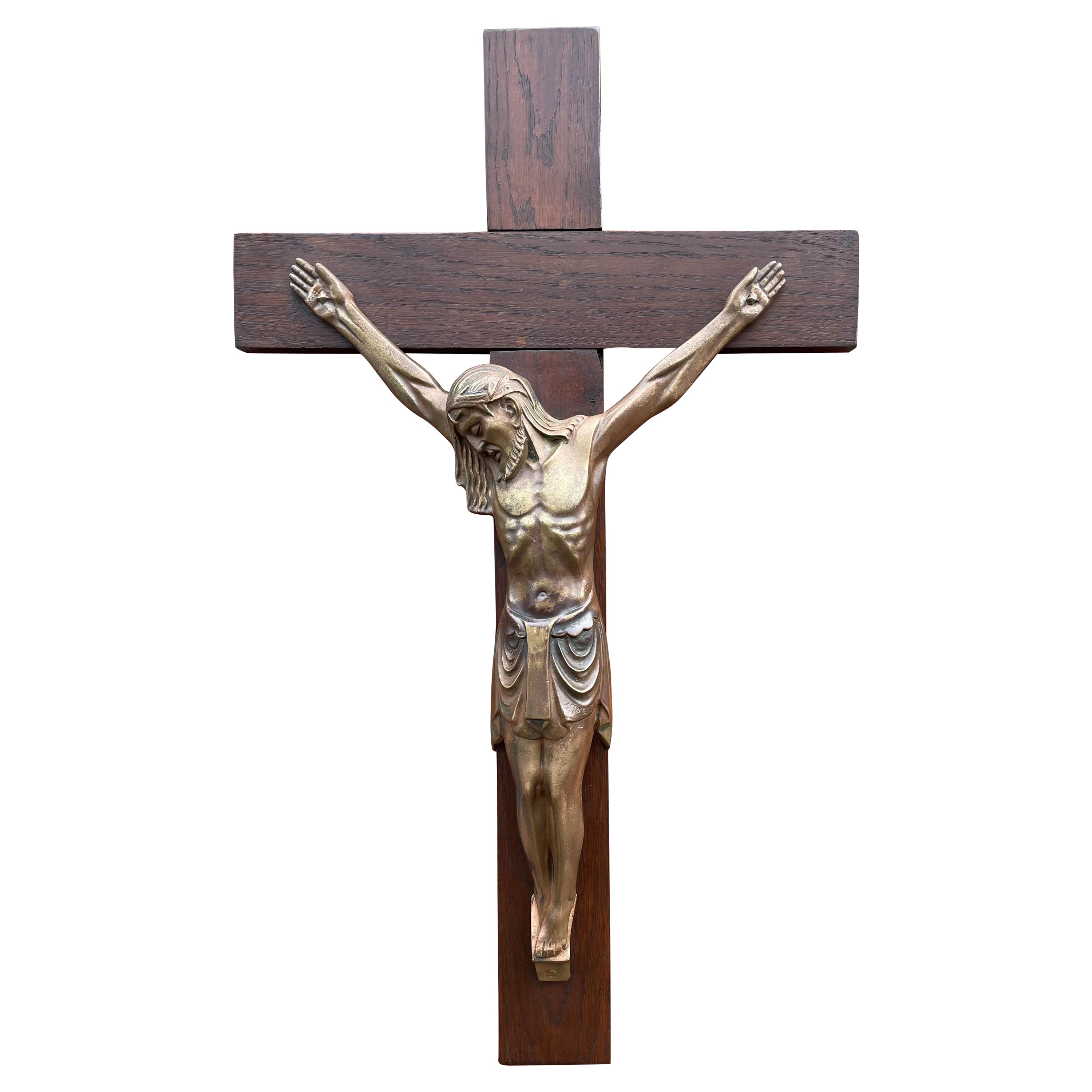 Antique Art Deco Wall Crucifix w. Bronze Christ Corpus by Sculptor Sylvain Norga