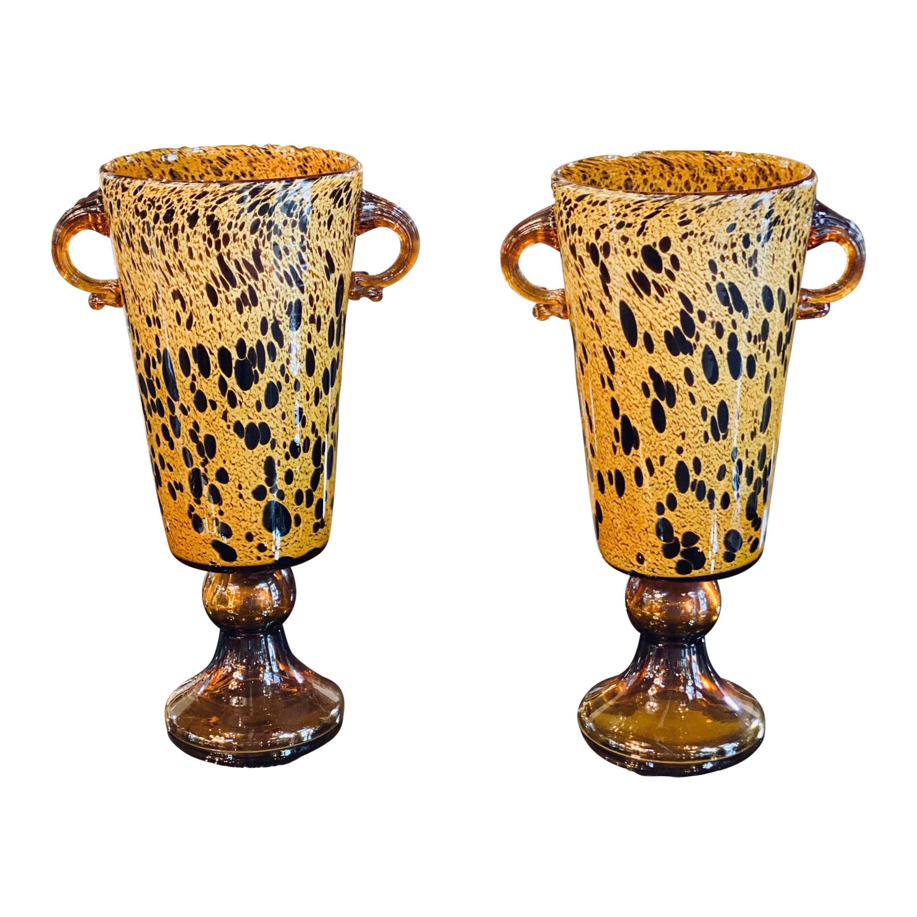 Murano Pair of Spotted Amber Vases with Hoop Handles