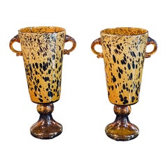 Murano Pair of Spotted Amber Vases with Hoop Handles