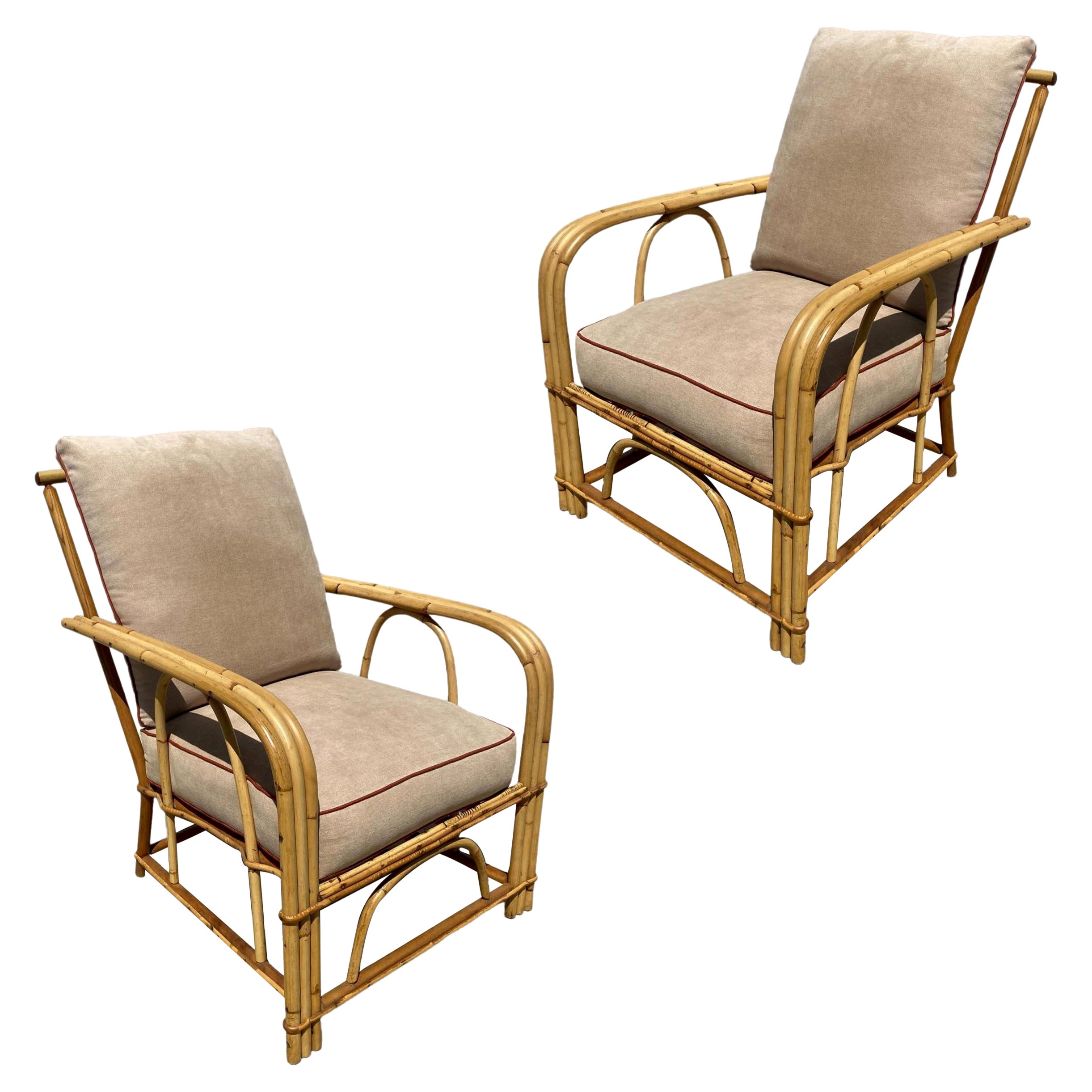 Rare "1949er" Rattan 3-Strand Lounge Chair Pair by Heywood Wakefield