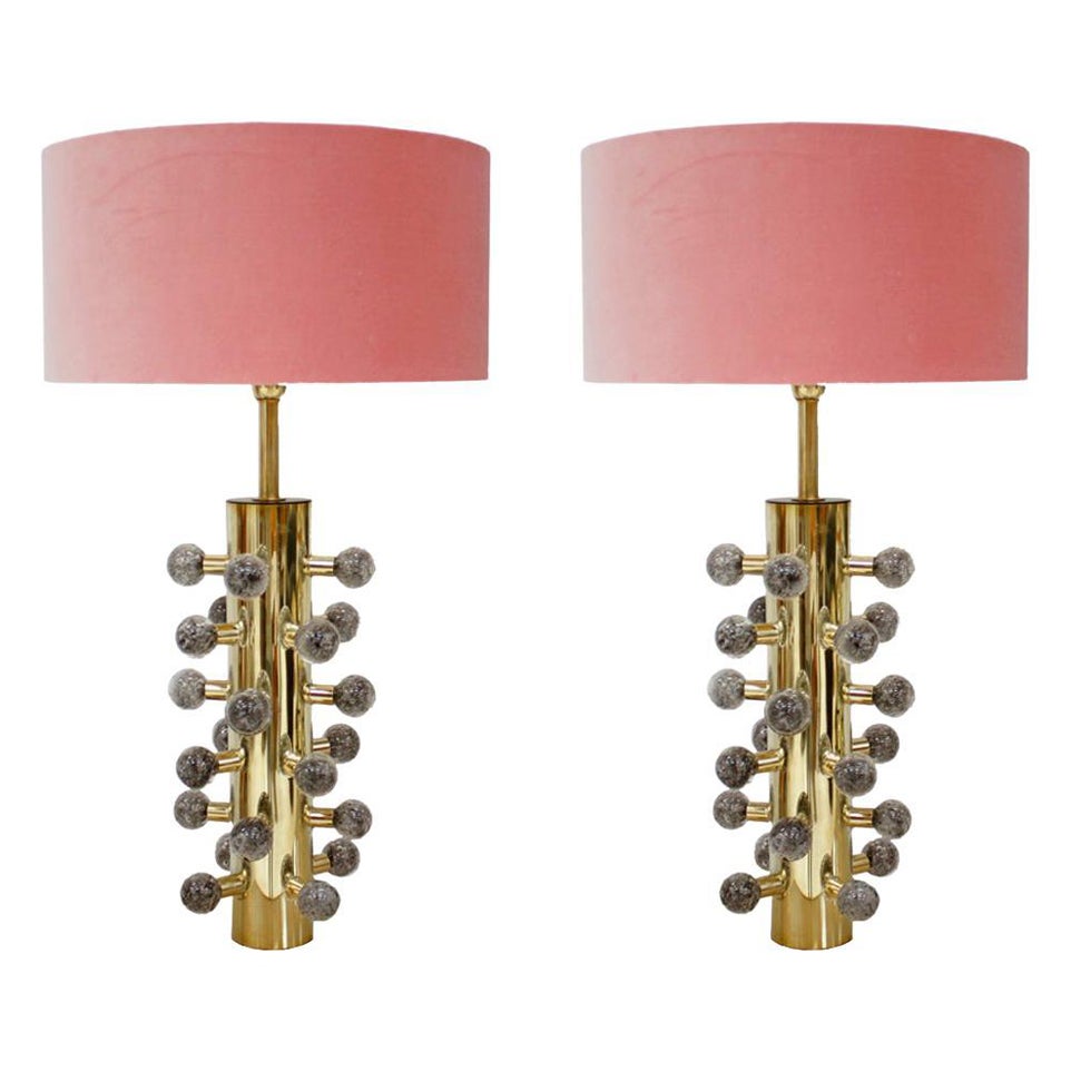 Mid-Century Modern Style Grey Murano Glass and Brass Italian Table Lamps For Sale