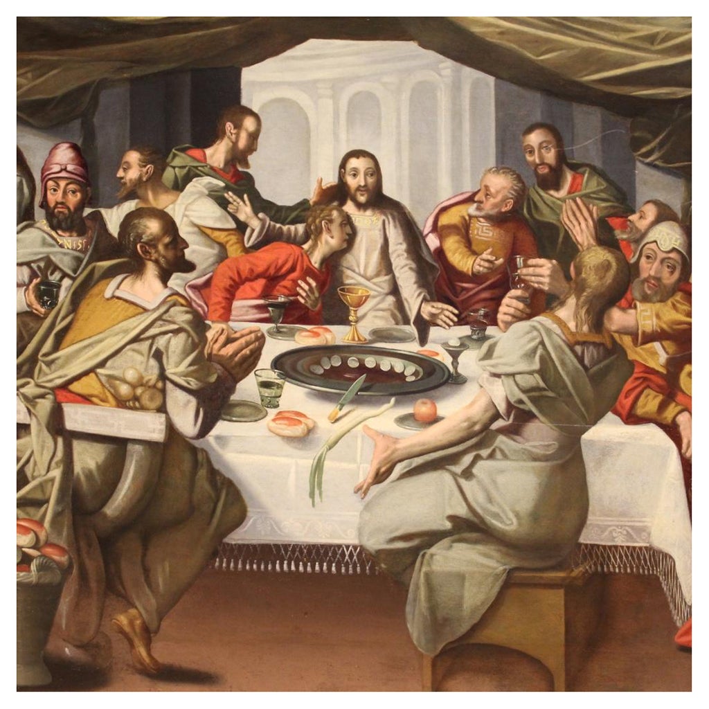 Antique Flemish painting from 16th century. Framework oil on oak panel depicting the Last Supper religious subject of good pictorial quality. Painting of great measure and impact, characterized by bright colors and particular dynamism (see photo).