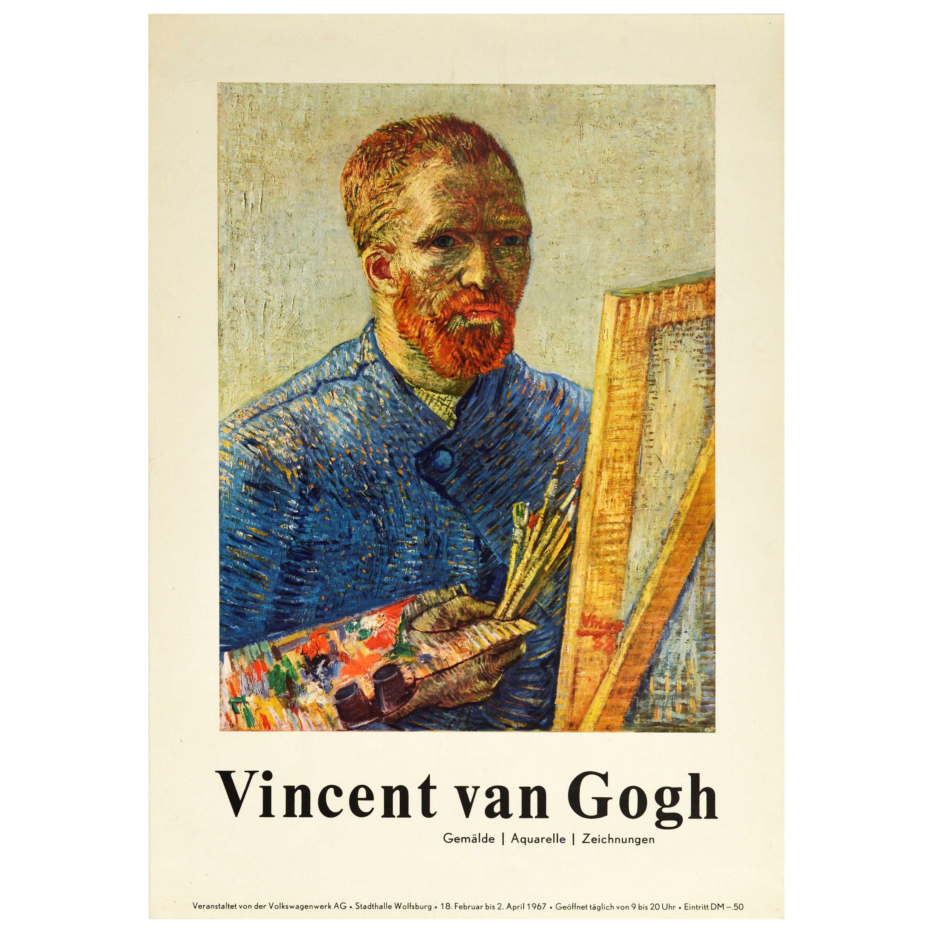 Cartel original vintage de exposición de arte Vincent van Gogh Autorretrato Pintura