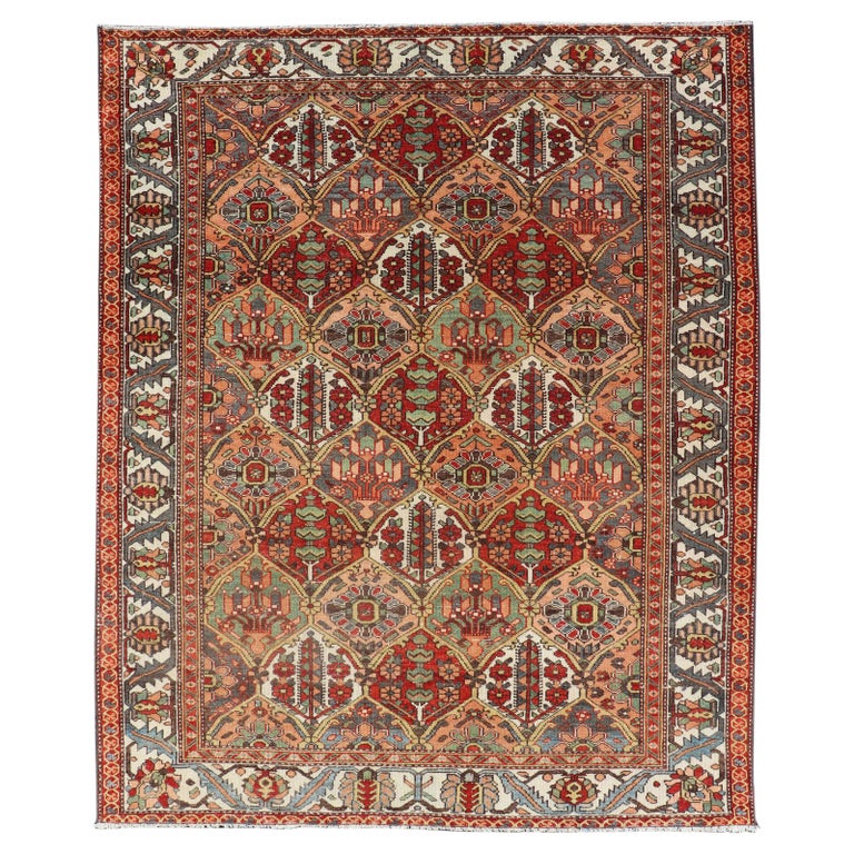 Antique Persian Diamond Garden Design Bakhtiari Rug in Multi Colors For