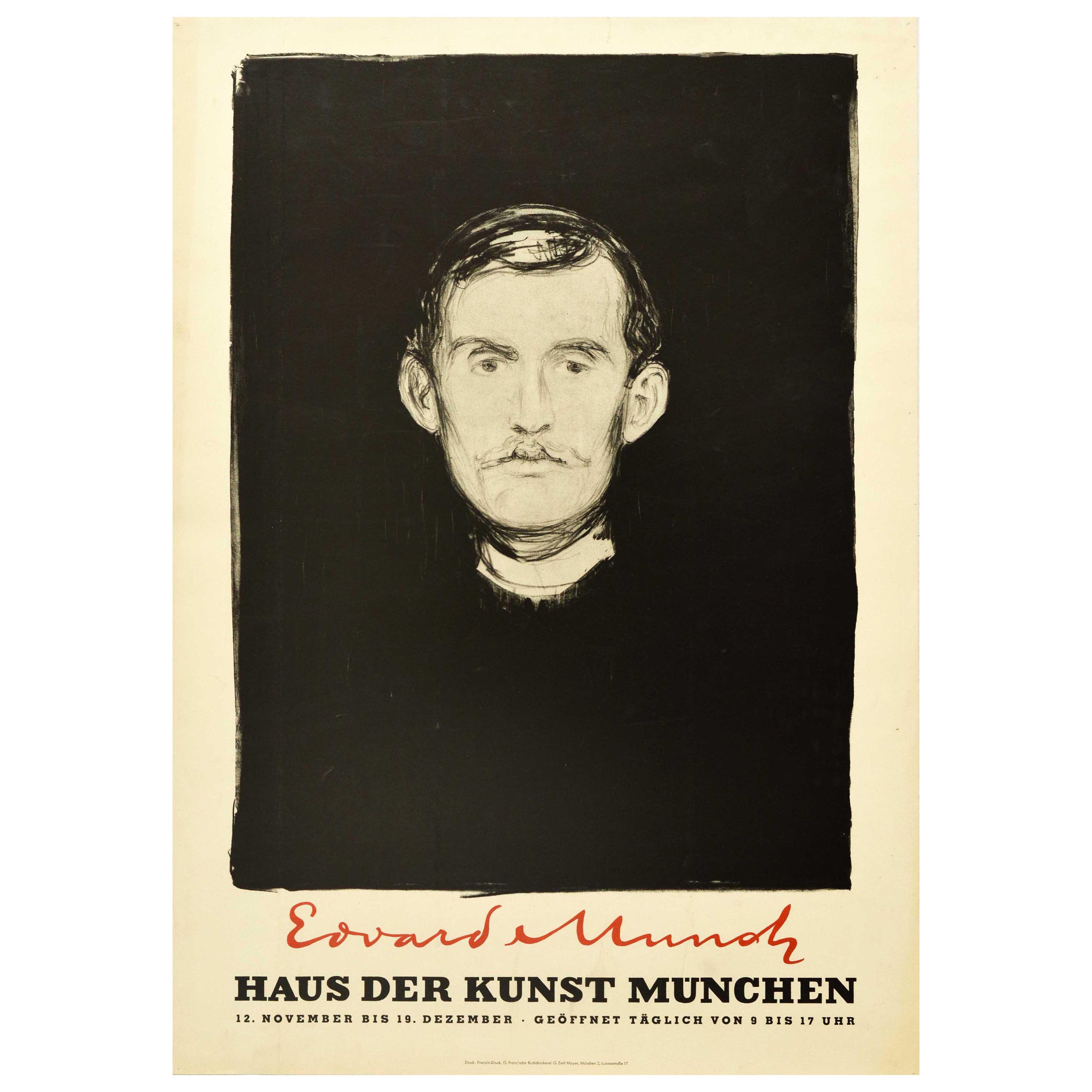 Original Vintage Art Exhibition Poster Edvard Munch Self Portrait Needle And Ink