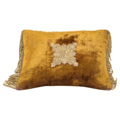 Gold Silk Velvet Throw Pillow Embroidered with Mettalic Design