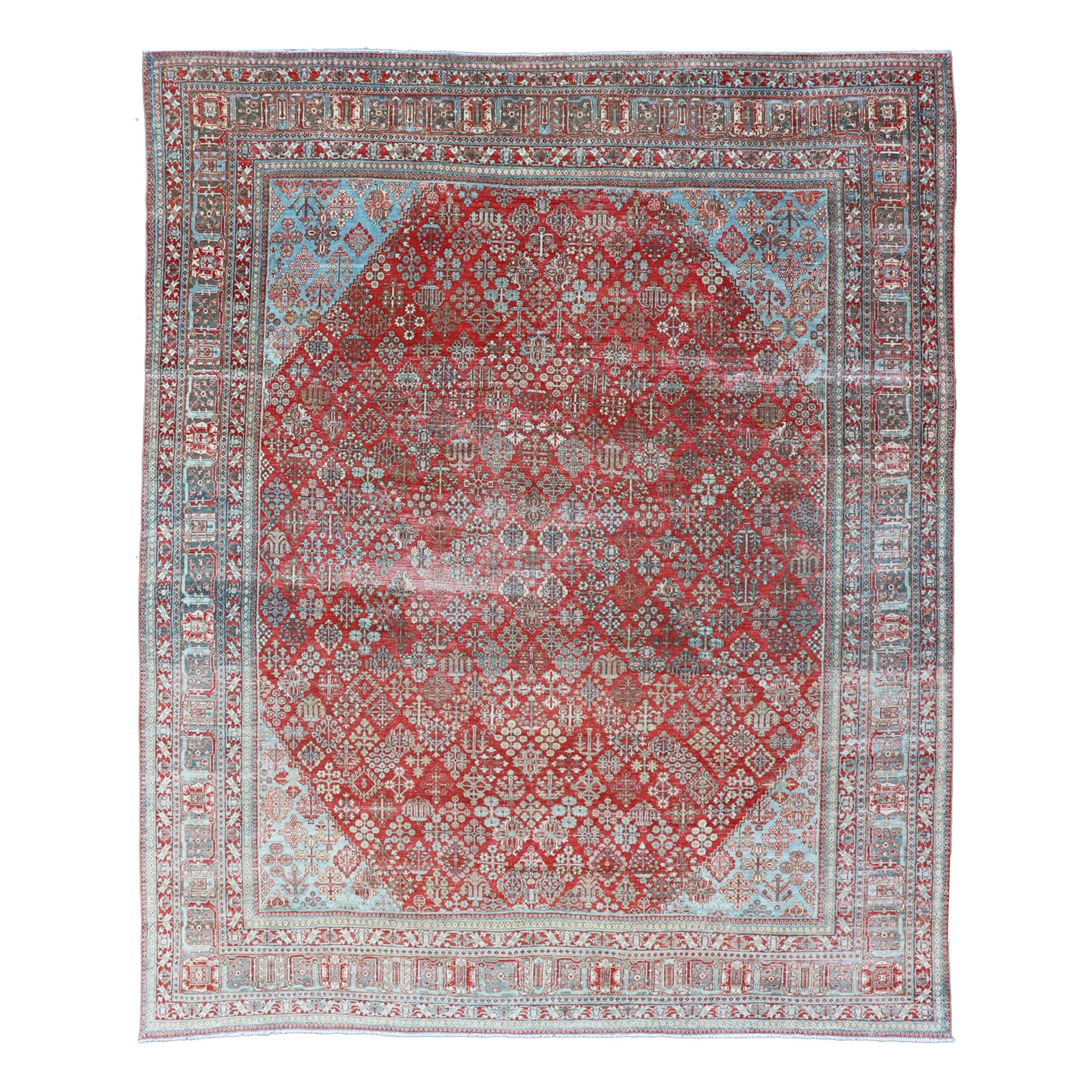 Antique Persian Joshegan Rug with Geometric Medallion Design in Red and Lt. Blue For Sale