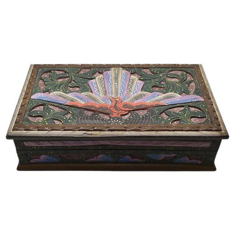 Rectangular Carved Wood Bird Motif Box with Hinged Lid and Batik Interior