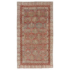 Kurdish Antique Gallery Runner with Tribal Design in Light Green, Tan and Red