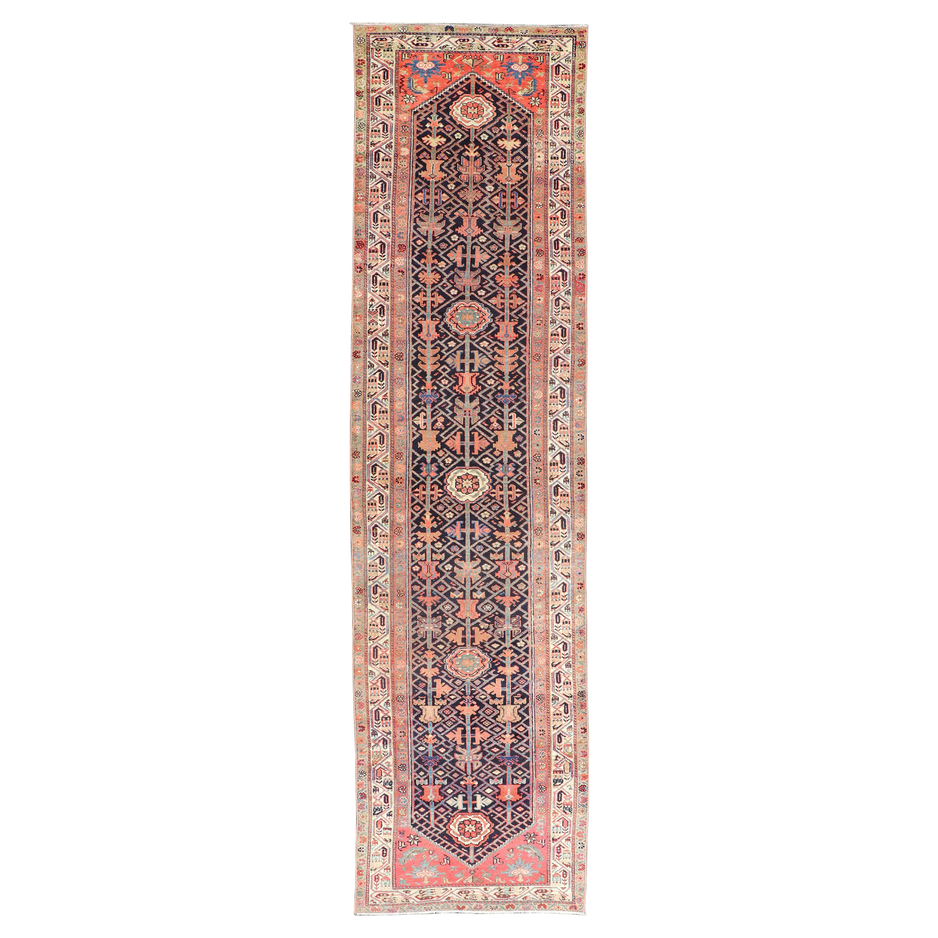 Antique Persian Malayer Runner with Sub-Geometric All-Over Design in Navy Color For Sale