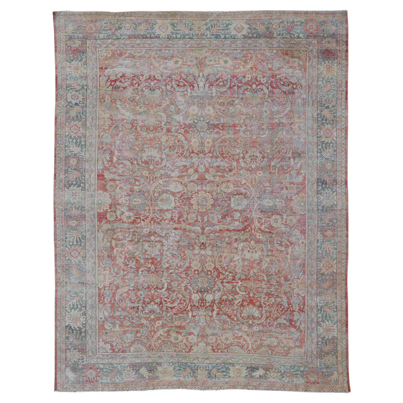 Distressed Hand Knotted Antique Persian Sultanabad Rug Faded Red and Blue Colors For Sale