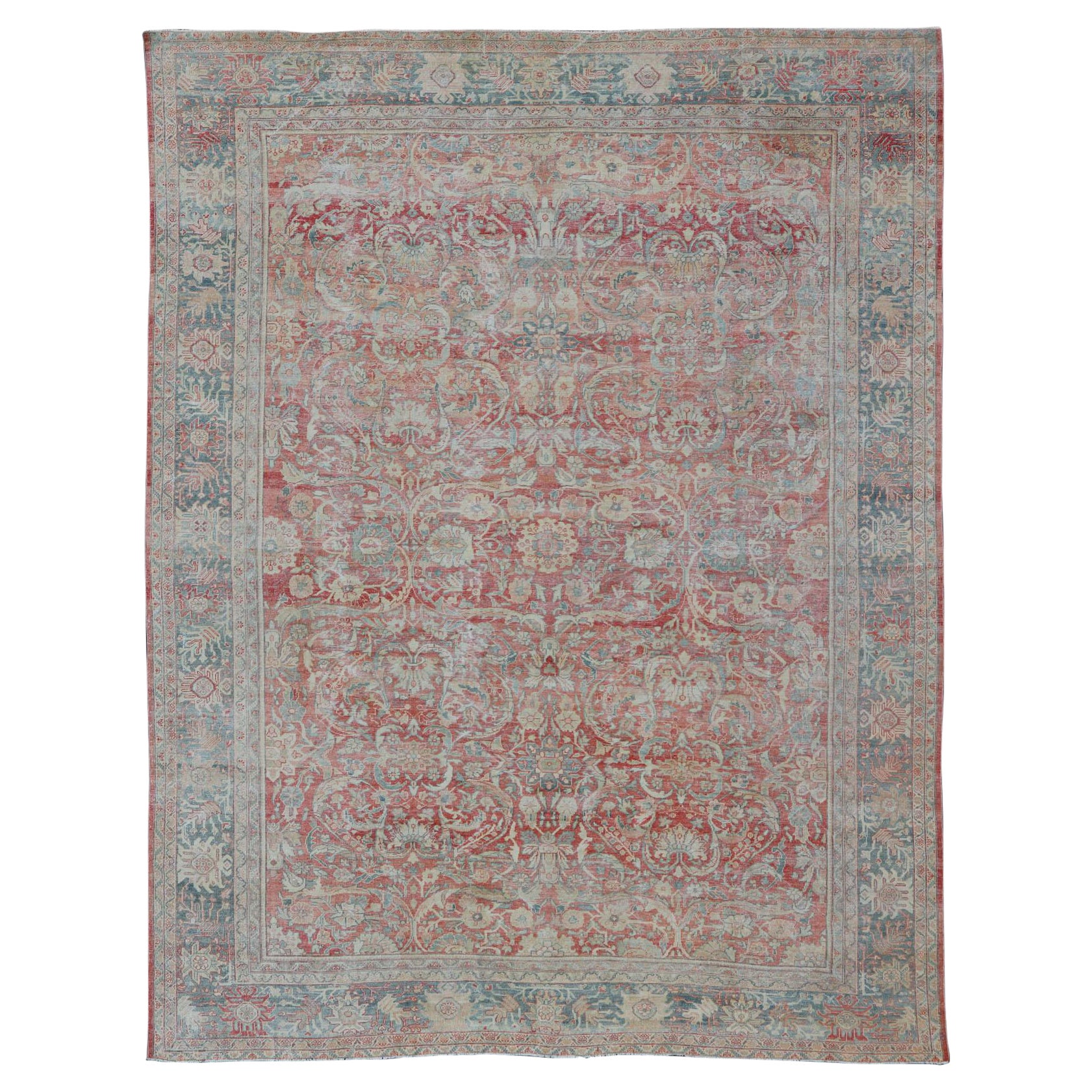 Distressed Hand Knotted Antique Persian Sultanabad Rug Faded Red and Blue Colors