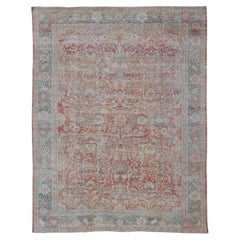 Distressed Hand Knotted Antique Persian Sultanabad Rug Faded Red and Blue Colors